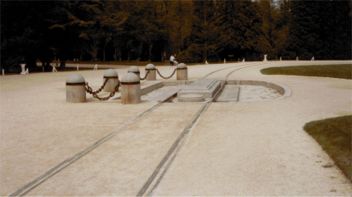 Compigne. Glade of the Armistice, granite stone marking the position of the German generals railroad car on November 11, 1918.