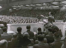 Joseph Goebbels harangues the party faithful in the Sportpalast, February 18, 1943.